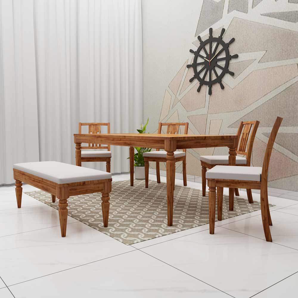 Buy Dining Set with Table, 4 Chairs & 1 Bench in Brown Color Wood - EL3062