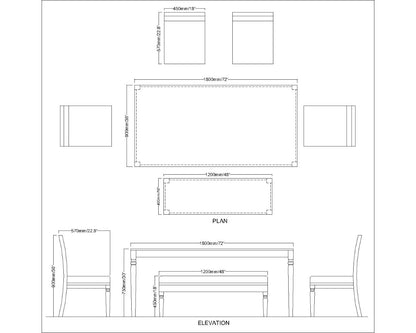 Buy Dining Set with Table, 4 Chairs & 1 Bench in Brown Color Wood - EL3062