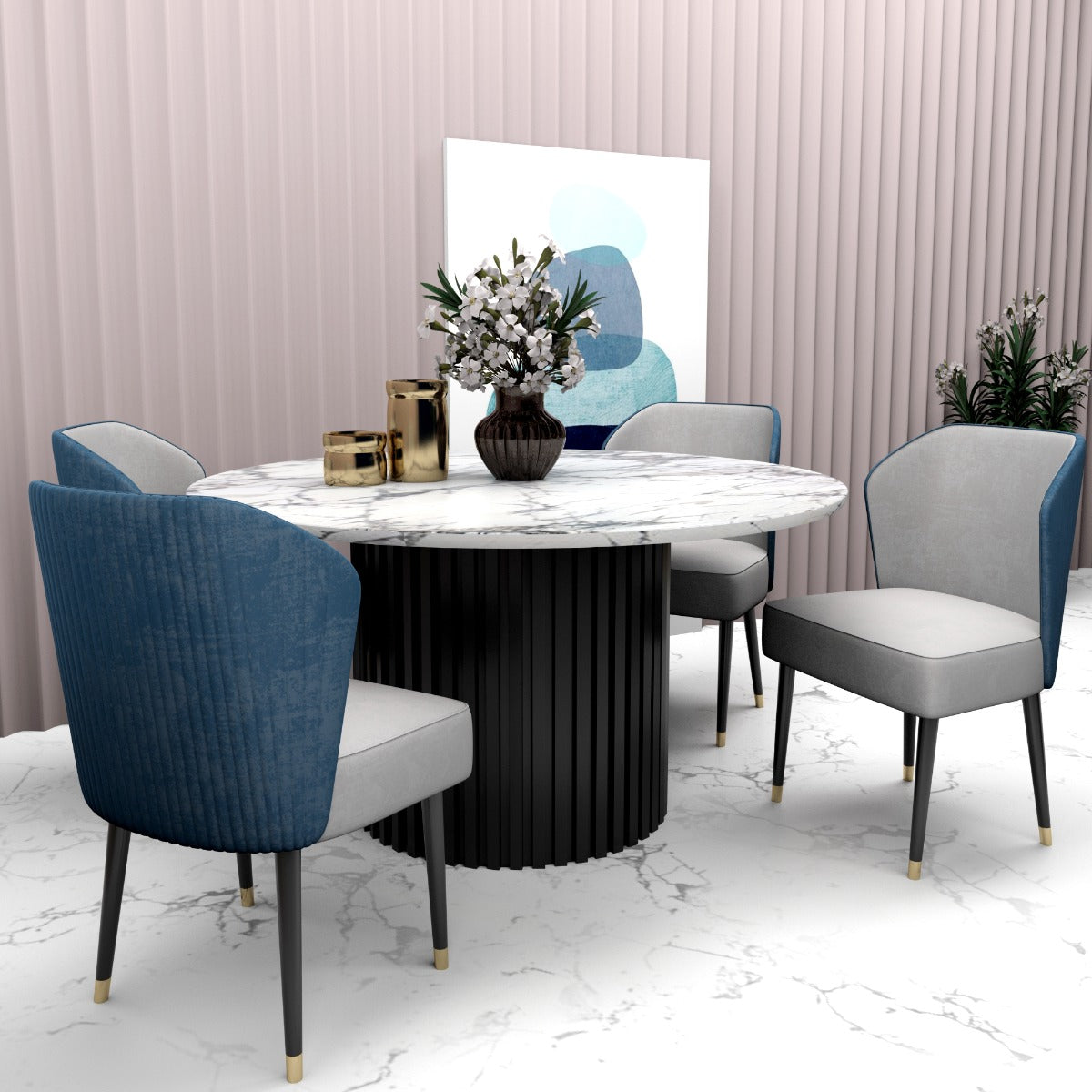 4-Chair Dining Set with Round Satuario Finish Table and Teal Blue & Grey Suede Chairs - EL3063