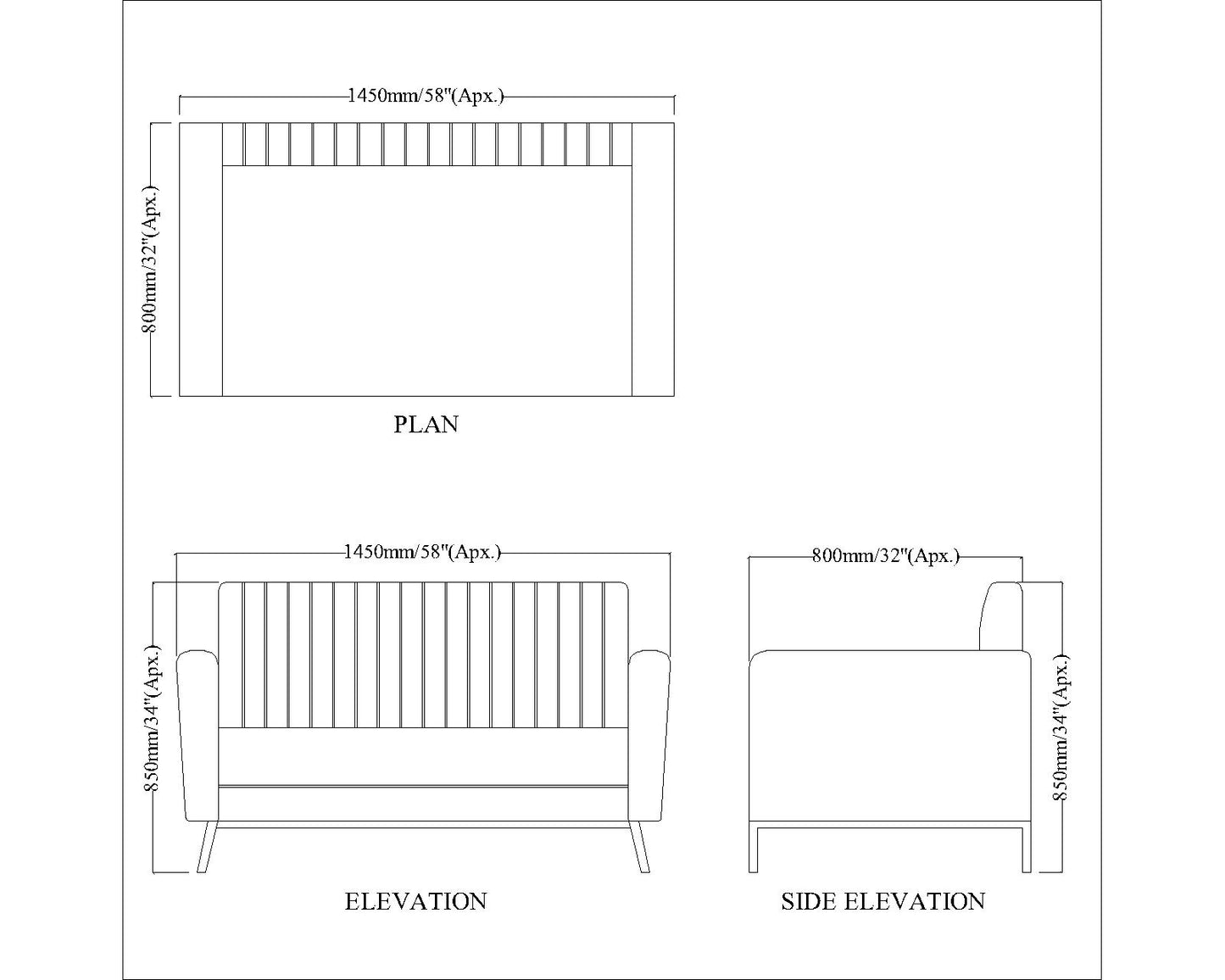 2 Seater Sofa, Blue Color Sofa, Unique Design Sofa, Sofa with MS Leg in Black Finish, Comfortable Modern Sofa, 2 Seater Sofa - EL4084