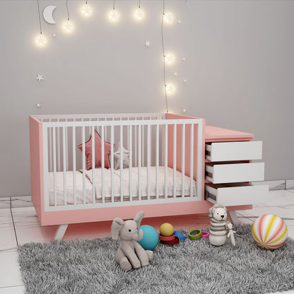 Crib, Crib in Pink & White Color, Crib for Kids, Crib with Drawer, Crib -eL5065