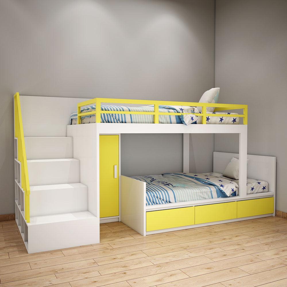 Bunk Bed, Bunk Bed in Yellow & White Color, Bunk Bed with Wardrobe, Bunk Bed with Drawer, Bunk Bed with Open Shelf, Bunk Bed - EL5072