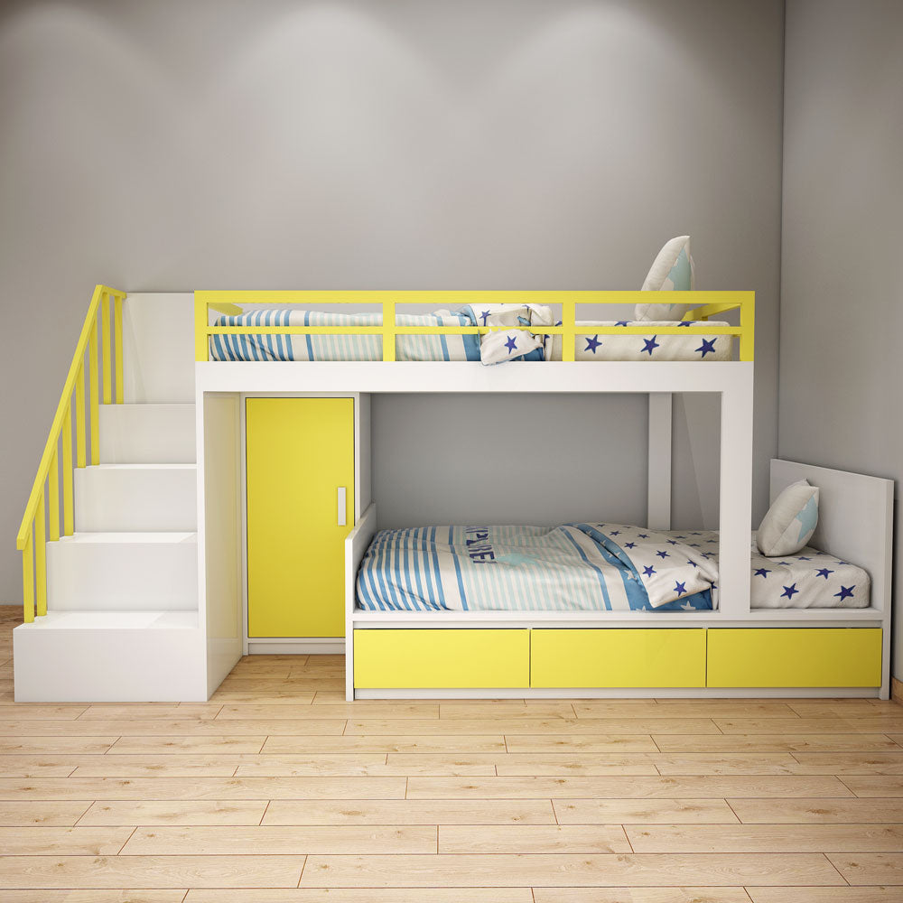 Bunk Bed, Bunk Bed in Yellow & White Color, Bunk Bed with Wardrobe, Bunk Bed with Drawer, Bunk Bed with Open Shelf, Bunk Bed - EL5072