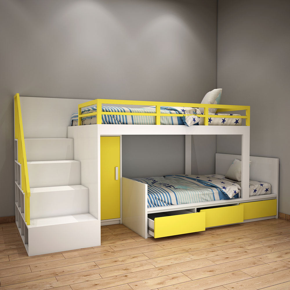 Bunk Bed, Bunk Bed in Yellow & White Color, Bunk Bed with Wardrobe, Bunk Bed with Drawer, Bunk Bed with Open Shelf, Bunk Bed - EL5072