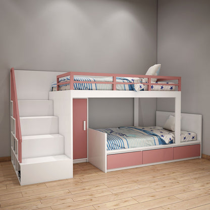 Bunk Bed, Bunk Bed in Pink & White Color, Bunk Bed with Wardrobe, Bunk Bed with Drawer, Bunk Bed with Open Shelf, Bunk Bed - EL5073