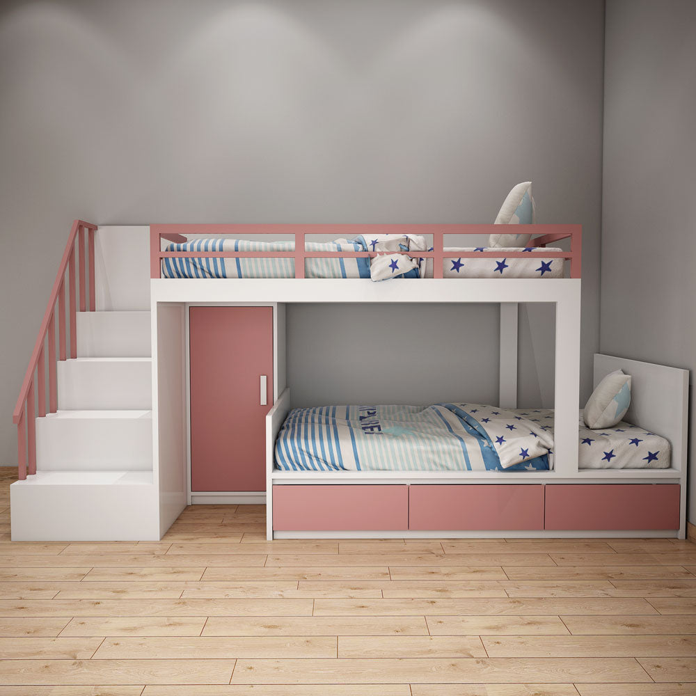 Bunk Bed, Bunk Bed in Pink & White Color, Bunk Bed with Wardrobe, Bunk Bed with Drawer, Bunk Bed with Open Shelf, Bunk Bed - EL5073