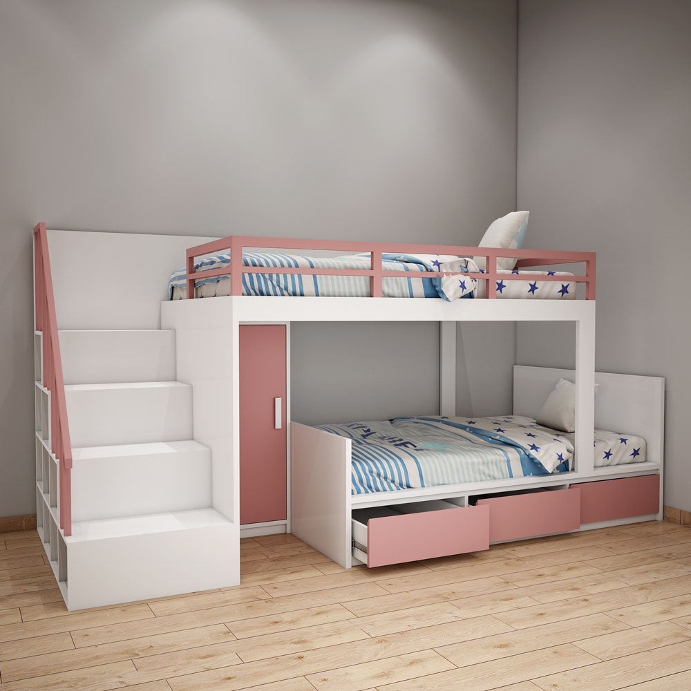 Bunk Bed, Bunk Bed in Pink & White Color, Bunk Bed with Wardrobe, Bunk Bed with Drawer, Bunk Bed with Open Shelf, Bunk Bed - EL5073