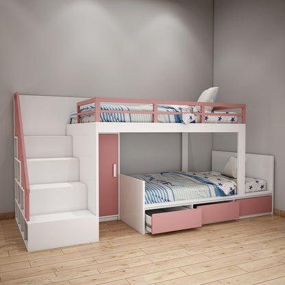 Bunk Bed, Bunk Bed in Pink & White Color, Bunk Bed with Wardrobe, Bunk Bed with Drawer, Bunk Bed with Open Shelf, Bunk Bed - EL5073