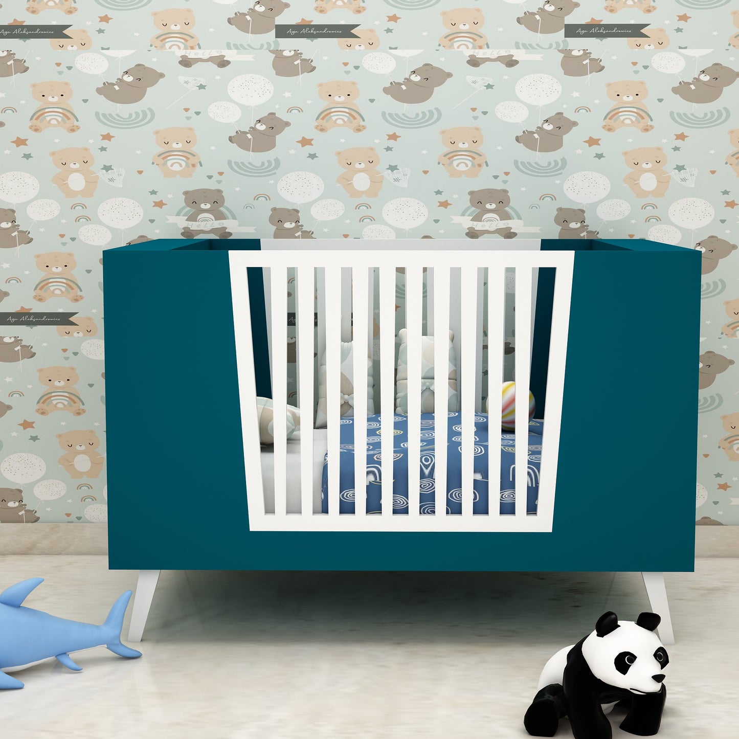 Cribe, Cribe for Baby, Cribe with Shelf, Cribe in Green & White Color, Cribe in Wooden, Kids Bed, Cribe - EL5080