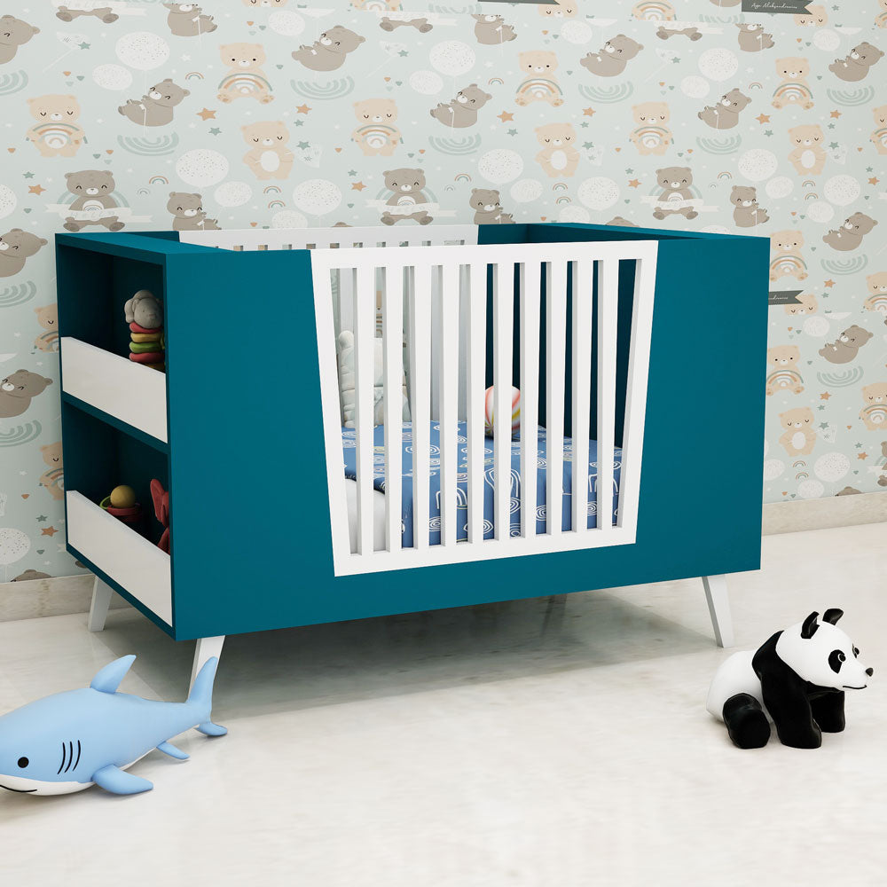 Cribe, Cribe for Baby, Cribe with Shelf, Cribe in Green & White Color, Cribe in Wooden, Kids Bed, Cribe - EL5080