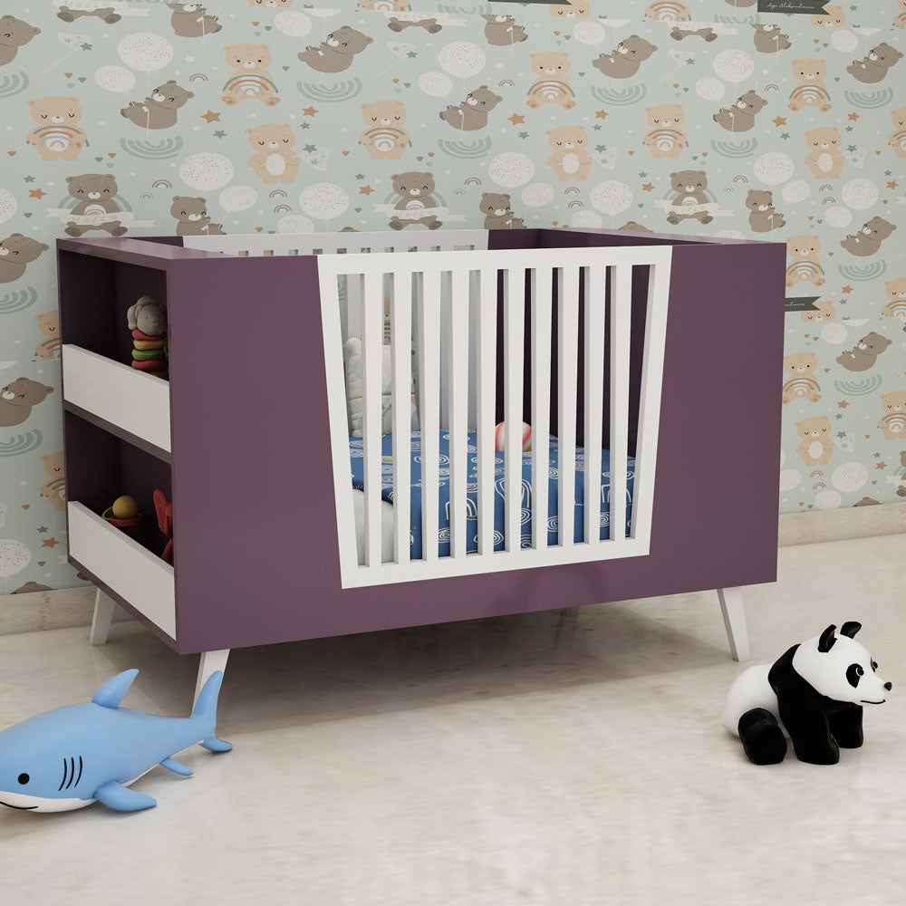 Cribe, Cribe for Baby, Cribe with Shelf, Cribe in Purple & White Color, Cribe in Wooden, Kids Bed, Cribe - EL5081