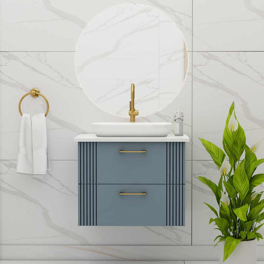 Blue Color Wall Mounted Water Resistant Bathroom Vanity with Drawer & White Corian Top   - EL9001