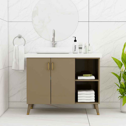 Vanity, Brown Color Vanity, Vanity with Shutter, Vanity with Open Shelf, Vanity with White Corian Top, Vanity with Wooden Leg, Water Resistance Vanity, Vanity - EL9003