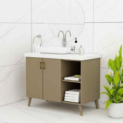 Vanity, Brown Color Vanity, Vanity with Shutter, Vanity with Open Shelf, Vanity with White Corian Top, Vanity with Wooden Leg, Water Resistance Vanity, Vanity - EL9003