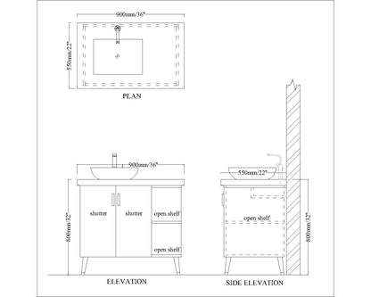 Vanity, Brown Color Vanity, Vanity with Shutter, Vanity with Open Shelf, Vanity with White Corian Top, Vanity with Wooden Leg, Water Resistance Vanity, Vanity - EL9003