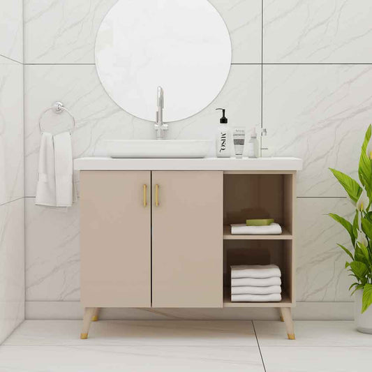 Vanity, Beige Color Vanity, Vanity with Shutter, Vanity with Open Shelf, Vanity with White Corian Top, Vanity with Wooden Leg, Water Resistance Vanity, Vanity - EL9004