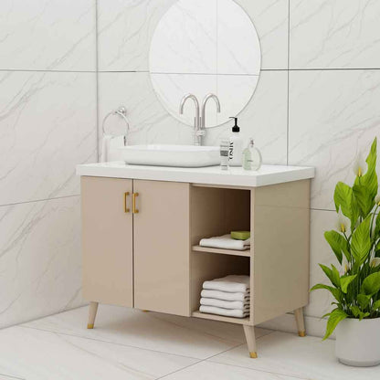 Vanity, Beige Color Vanity, Vanity with Shutter, Vanity with Open Shelf, Vanity with White Corian Top, Vanity with Wooden Leg, Water Resistance Vanity, Vanity - EL9004