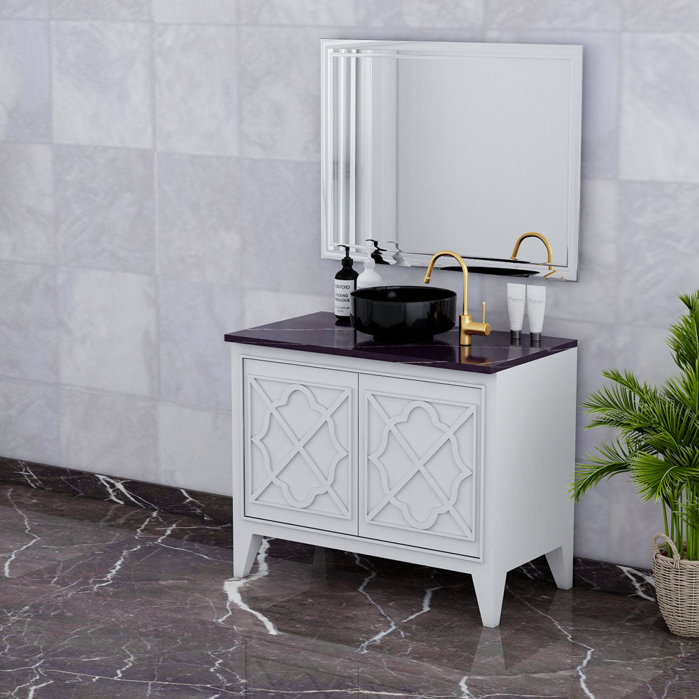 Vanity, Vanity with Black Full Body Tile, White Color Vanity, Vanity With Shutter, Vanity with Wooden Leg, Floor Resist Vanity, Vanity - EL9006