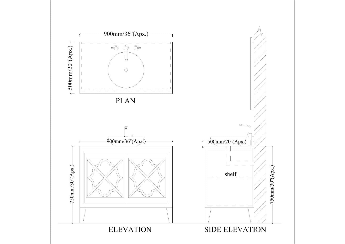 Vanity, Vanity with Black Full Body Tile, White Color Vanity, Vanity With Shutter, Vanity with Wooden Leg, Floor Resist Vanity, Vanity - EL9006