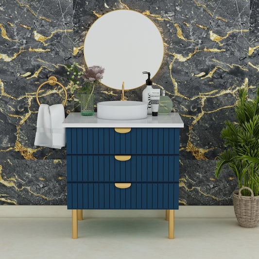 Bathroom Vanity in Blue Color with MS Leg with Golden Finish & White Corion Top - EL9008