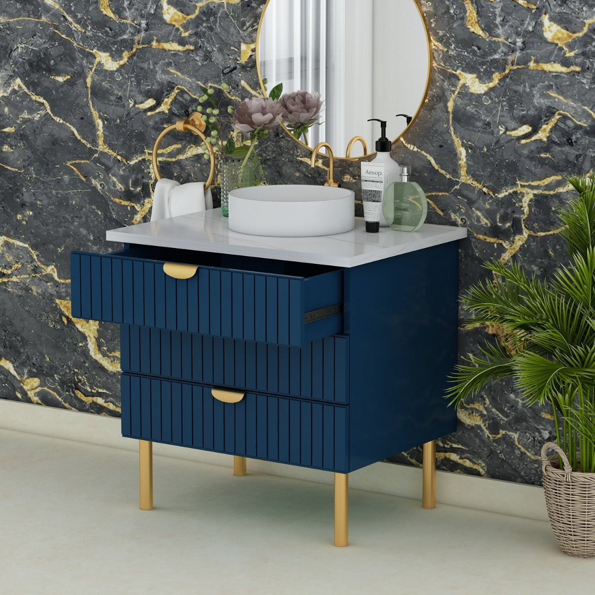 Bathroom Vanity in Blue Color with MS Leg with Golden Finish & White Corion Top - EL9008