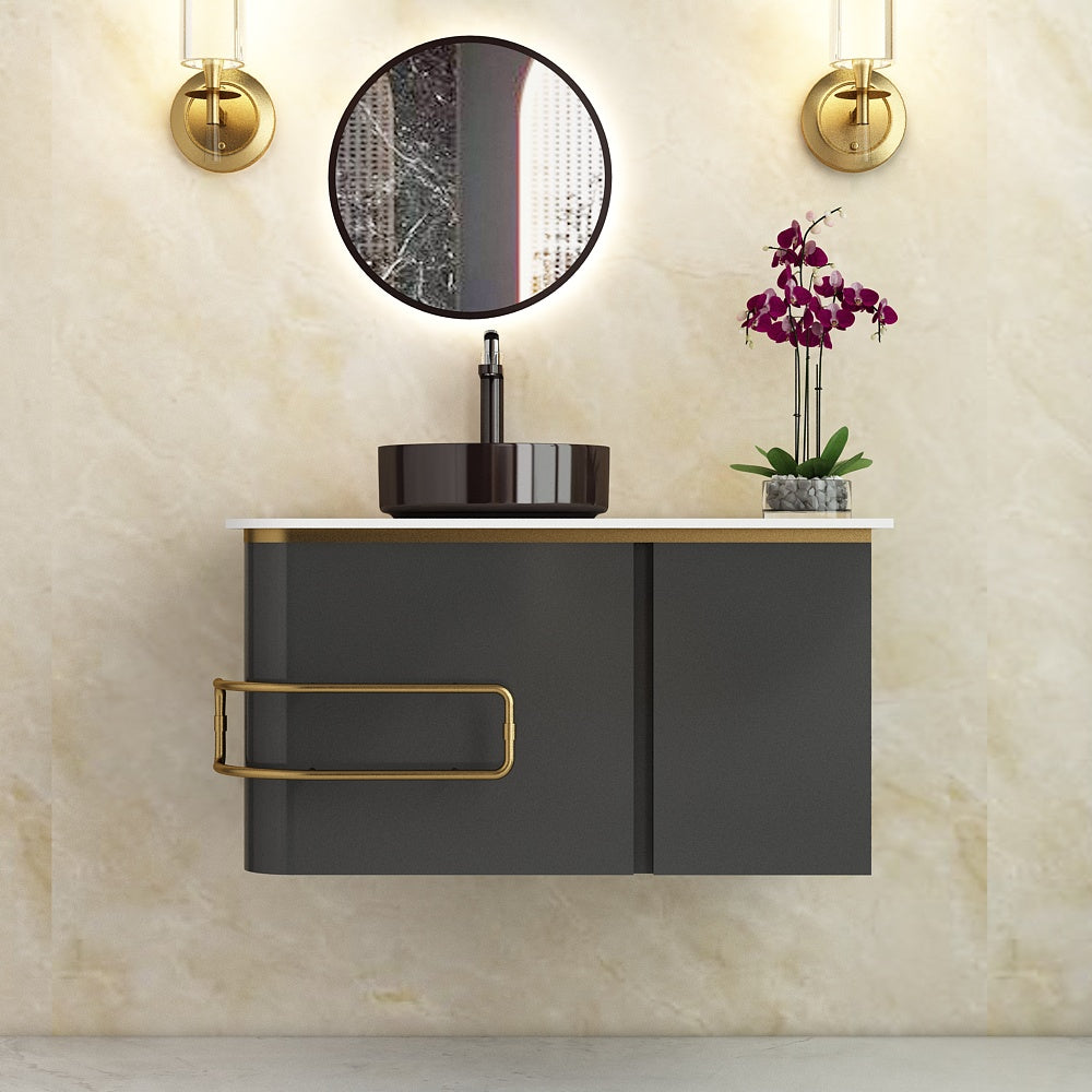 Vanity, Black Color Vanity, Corian Top in Vanity, Vanity with Drawer & Shutter, Wall Mounted Vanity, Vanity - EL9009