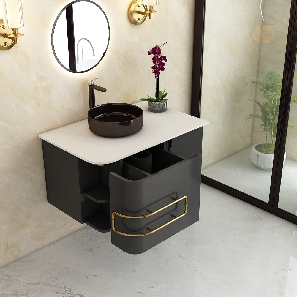 Vanity, Black Color Vanity, Corian Top in Vanity, Vanity with Drawer & Shutter, Wall Mounted Vanity, Vanity - EL9009