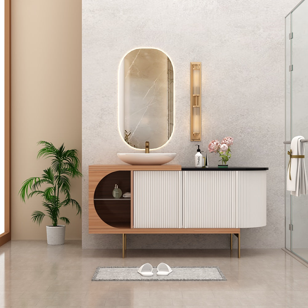 Vanity, Brown & White Color Vanity, Black Corian Top in Vanity, Vanity with Shutter & Open Space, MS Leg with Golden Finish, Vanity - EL9012