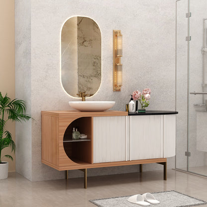 Vanity, Brown & White Color Vanity, Black Corian Top in Vanity, Vanity with Shutter & Open Space, MS Leg with Golden Finish, Vanity - EL9012