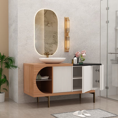 Vanity, Brown & White Color Vanity, Black Corian Top in Vanity, Vanity with Shutter & Open Space, MS Leg with Golden Finish, Vanity - EL9012