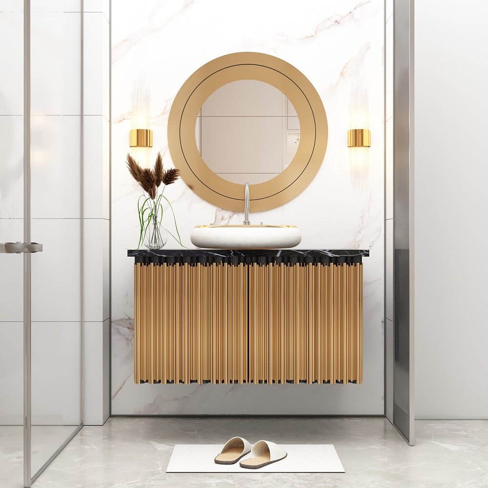 Vanity, Black & Golden Color Vanity, Black Full Body Tile Top in Vanity, Vanity with Shutter, Wall Mounted Vanity, Vanity - EL9014