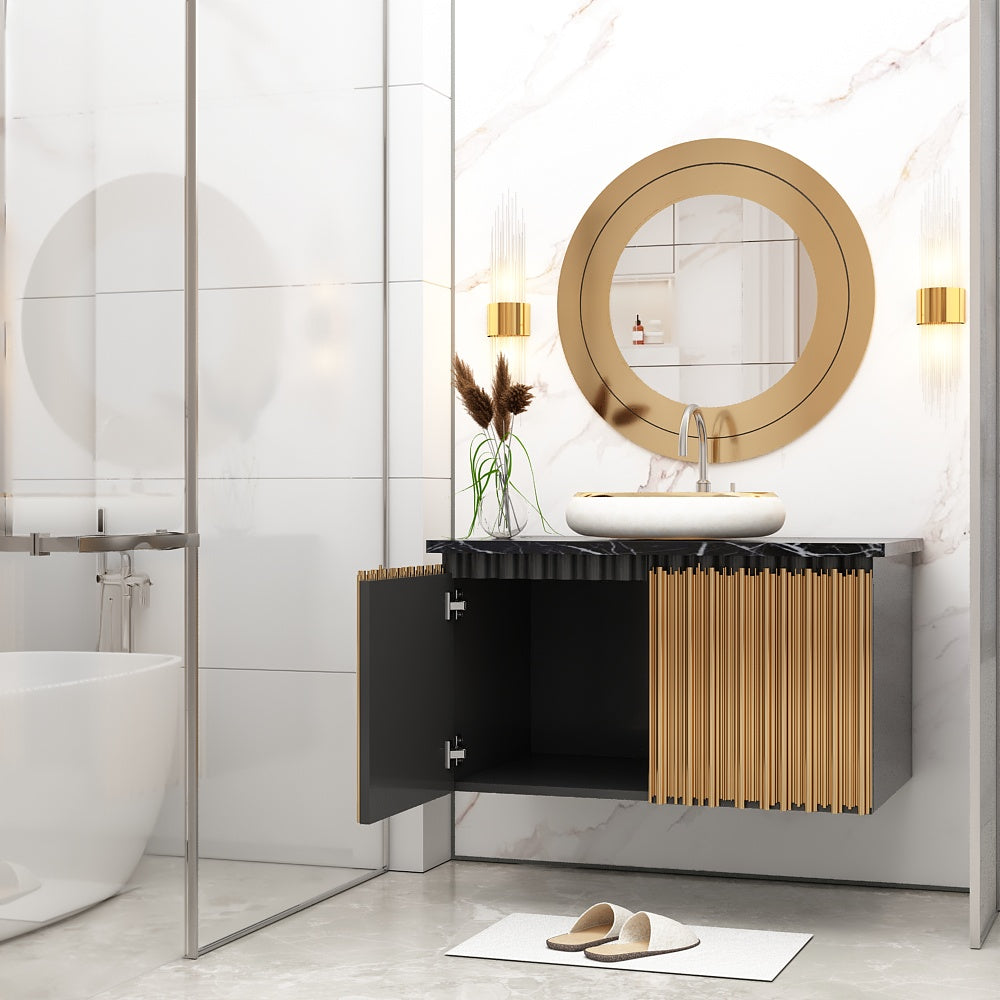 Vanity, Black & Golden Color Vanity, Black Full Body Tile Top in Vanity, Vanity with Shutter, Wall Mounted Vanity, Vanity - EL9014