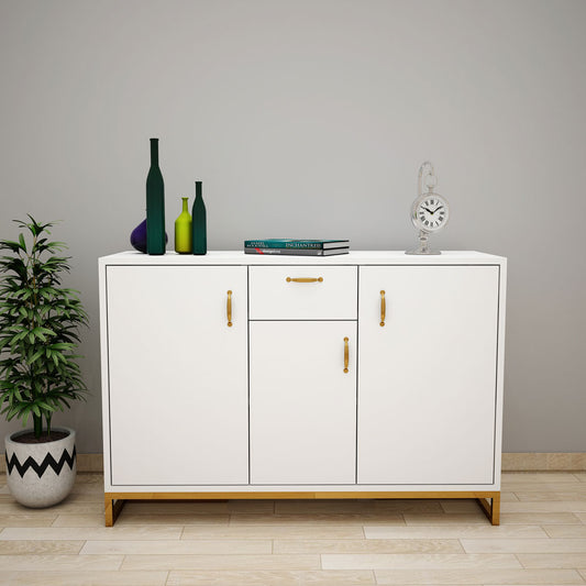 Office Cabinet, White Office Cabinet, Office Cabinet with Shutter, Office Cabinet with MS Leg in Gold Finish, Office Cabinet with Drawer, Office Cabinet - EL - 10026