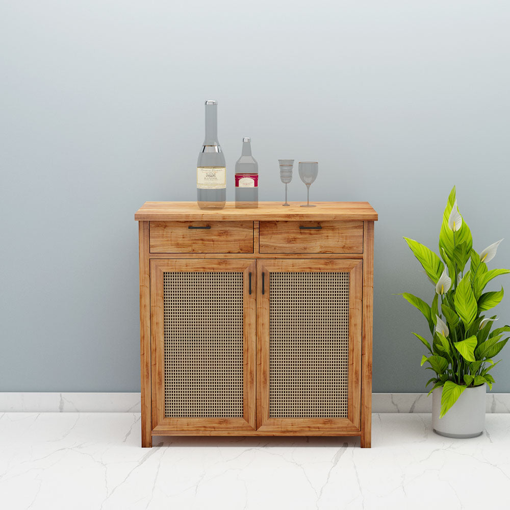 Bar Cabinet,  Solid Wood Bar Cabinet, Bar Cabinet with Drawer, Brown Color Bar Cabinet, Bar Cabinet with Wood & Cane Shutter, Bar Cabinet- EL- 10046