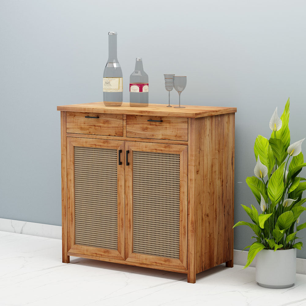 Bar Cabinet,  Solid Wood Bar Cabinet, Bar Cabinet with Drawer, Brown Color Bar Cabinet, Bar Cabinet with Wood & Cane Shutter, Bar Cabinet- EL- 10046