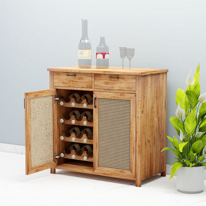 Bar Cabinet,  Solid Wood Bar Cabinet, Bar Cabinet with Drawer, Brown Color Bar Cabinet, Bar Cabinet with Wood & Cane Shutter, Bar Cabinet- EL- 10046