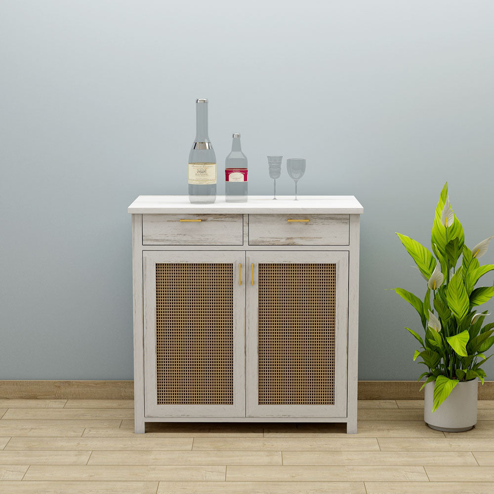 Bar Cabinet,  Solid Wood Bar Cabinet, Bar Cabinet with Drawer, White Color Bar Cabinet, Bar Cabinet with Wood & Cane Shutter, Bar Cabinet- EL- 10047