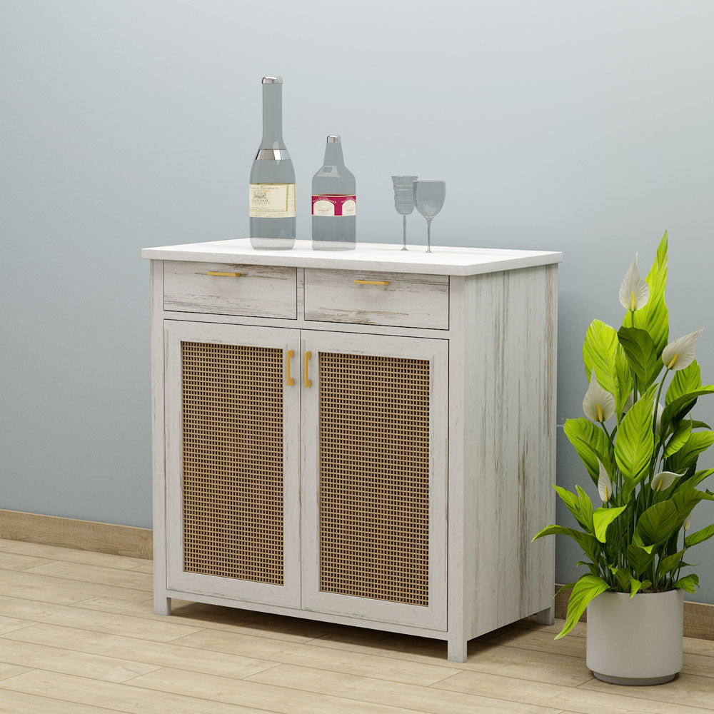 Bar Cabinet,  Solid Wood Bar Cabinet, Bar Cabinet with Drawer, White Color Bar Cabinet, Bar Cabinet with Wood & Cane Shutter, Bar Cabinet- EL- 10047