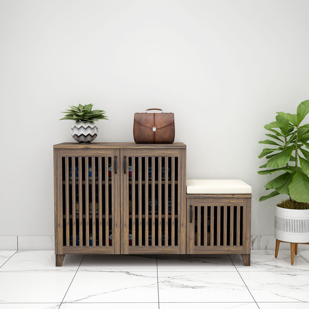Dark Wood Shoe Cabinet with Seating & Vertical Slatted Doors – EL-10048