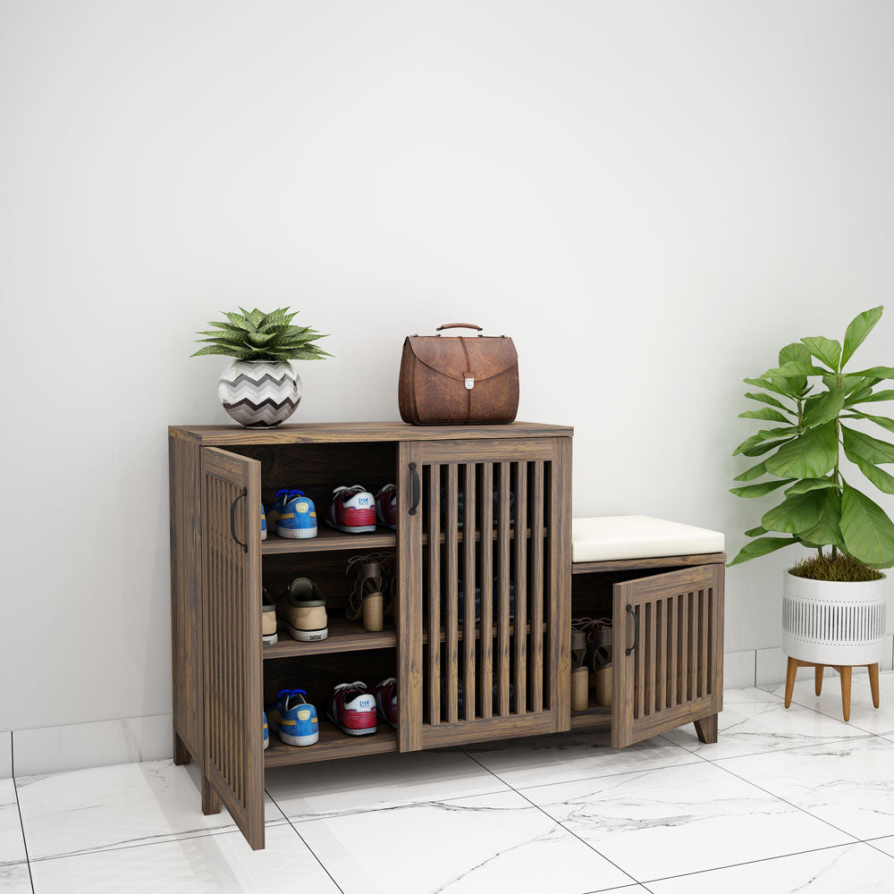 Dark Wood Shoe Cabinet with Seating & Vertical Slatted Doors – EL-10048