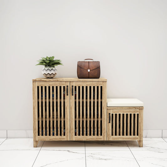 Wooden Shoe Rack with Seating Bench & Vertical Slatted Doors – EL-10049
