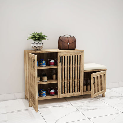 Wooden Shoe Rack with Seating Bench & Vertical Slatted Doors – EL-10049