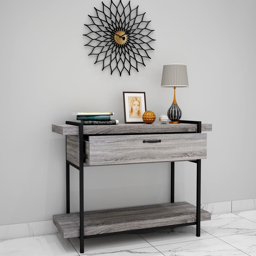 Console Table, Solid Wood Console Table, Grey Console Table, Console Table with Open Shelf, Console Table with Drawer, Console Table - EL -12080