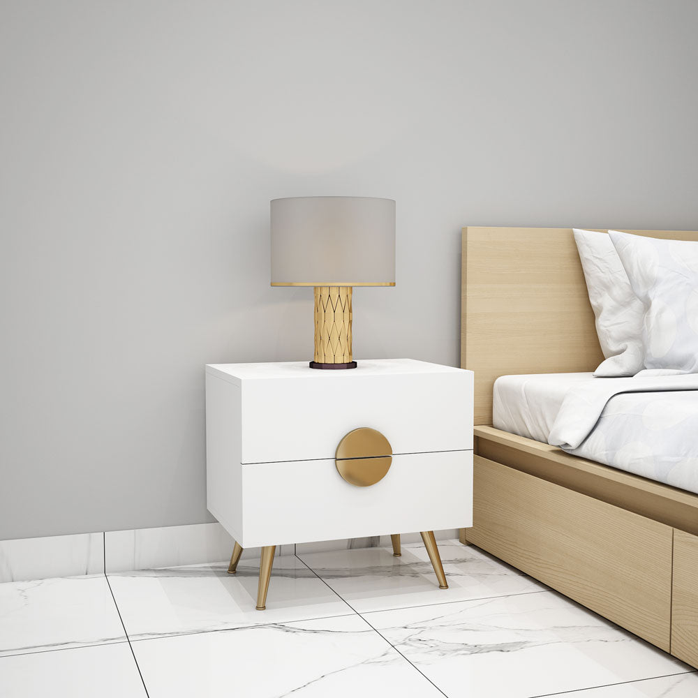 Bedside Table, White Color Bedside Table, Bedside Table with Drawer, Bedside Table With MS Leg in Gold Finish, Bedside Table -EL-12086