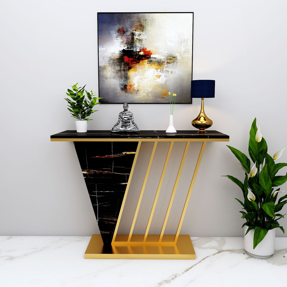 Console Table, Black & Gold Console Table, Console Table with Metal Leg in Gold Finish, Console Table - EL- 12089