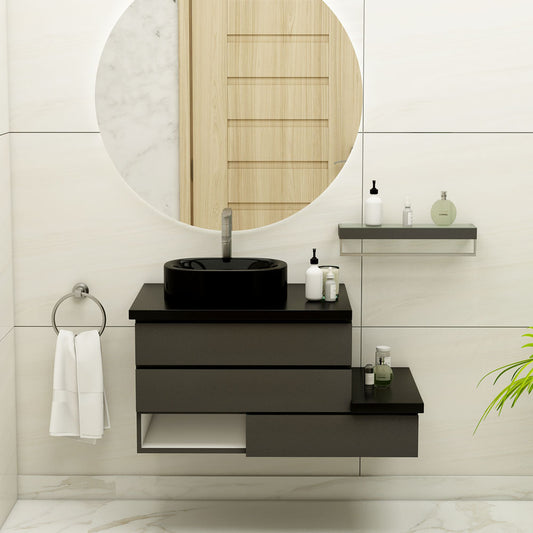 Vanity, Grey & Black Vanity, Vanity with Black Corian Top, Vanity with Drawer, Vanity with Open Shelf, Vanity -EL-211