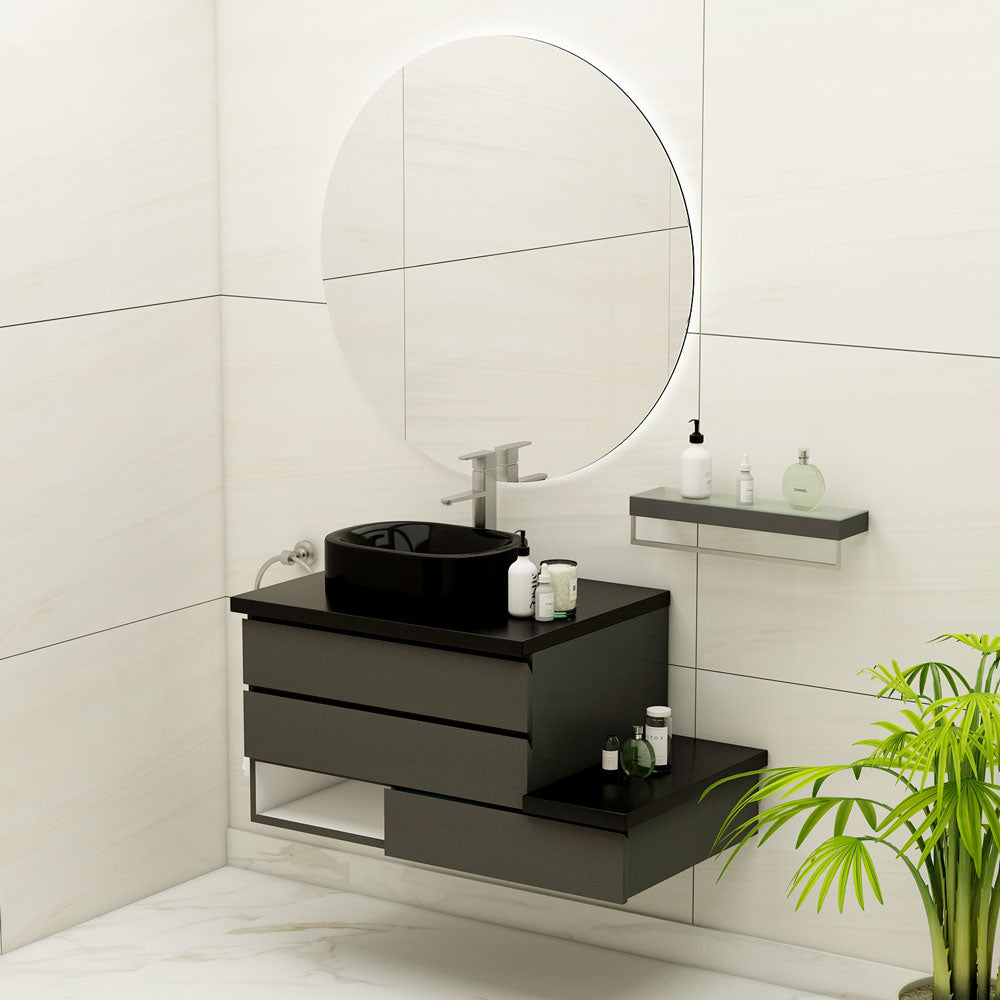 Vanity, Grey & Black Vanity, Vanity with Black Corian Top, Vanity with Drawer, Vanity with Open Shelf, Vanity -EL-211