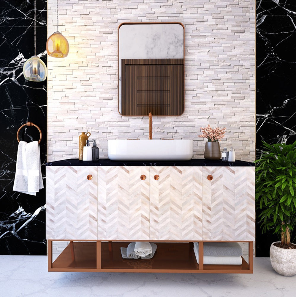 Black, White & Rose Gold Color Stone Counter Top & Water Resistant Wall Mounted Bathroom Vanity with Shutter - EL - 220