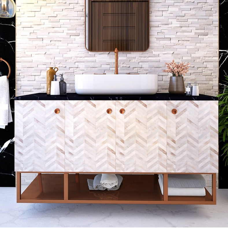 Black, White & Rose Gold Color Stone Counter Top & Water Resistant Wall Mounted Bathroom Vanity with Shutter - EL - 220