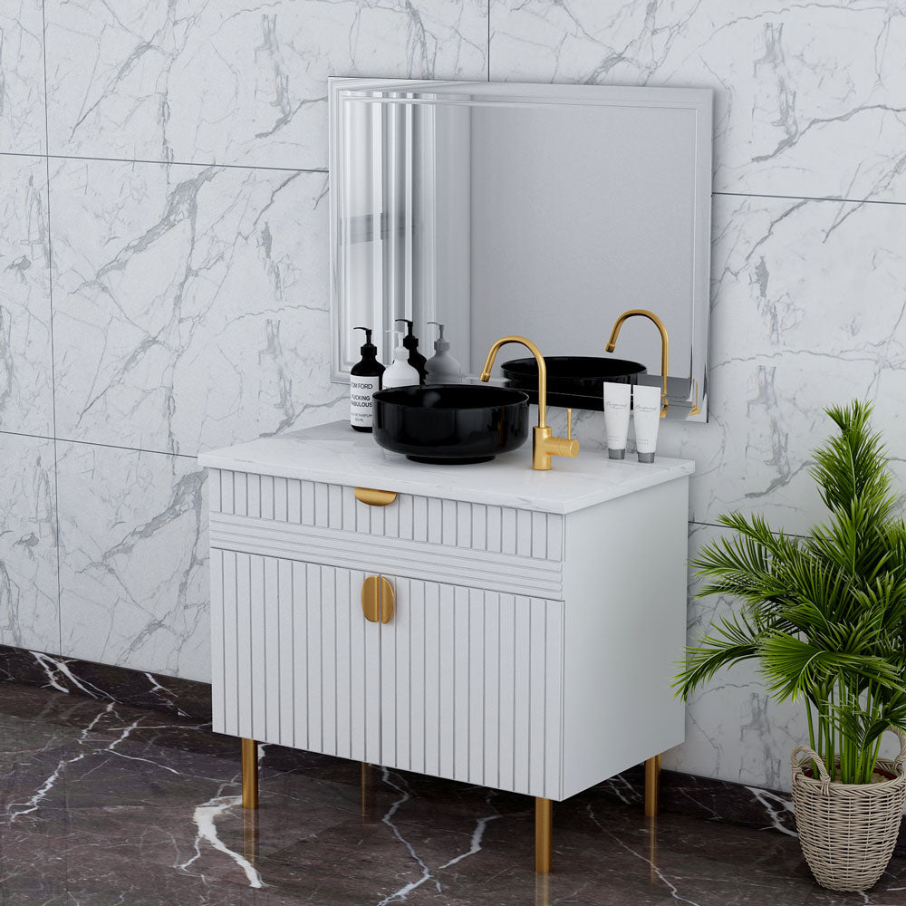 Vanity, White Vanity, Vanity with Marble Top,  Vanity with shutter, Vanity with Drawer, Vanity with Gold Metal Legs, Vanity - EL-233